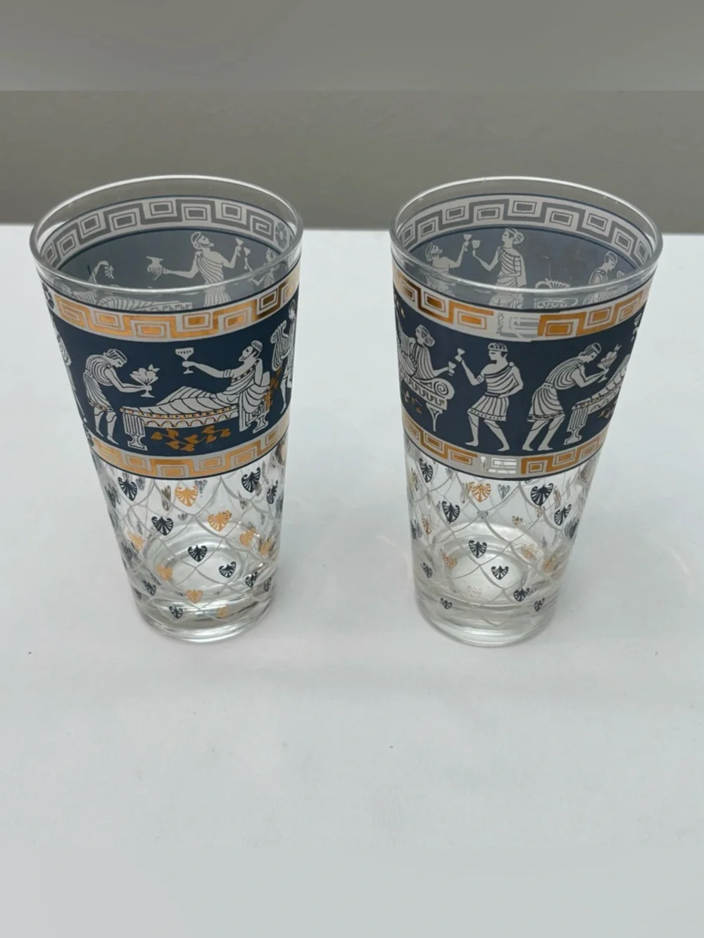 Vintage Cera Glass Highball Glasses “Etruscan Frieze” Greek Design